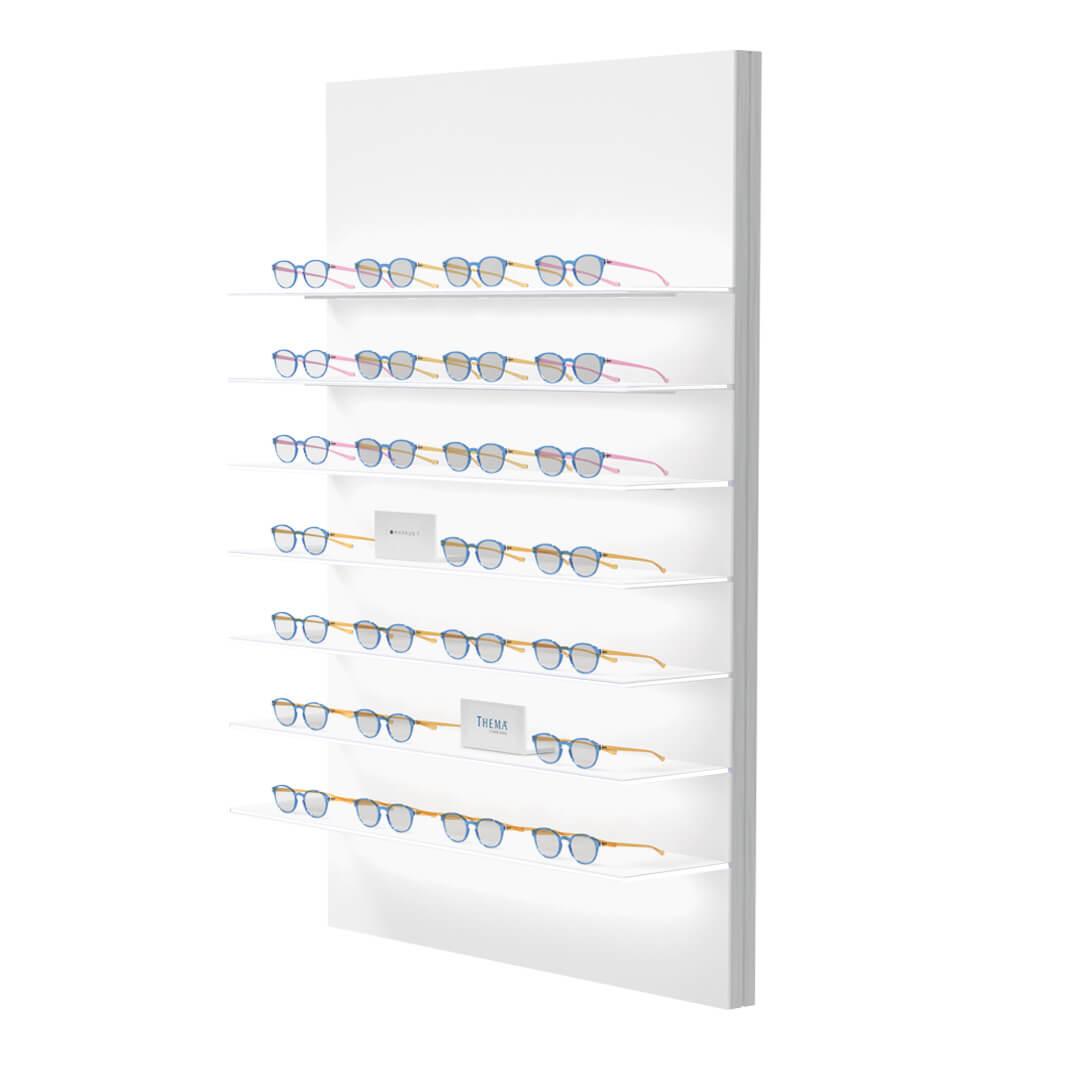 a display of glasses on a wall