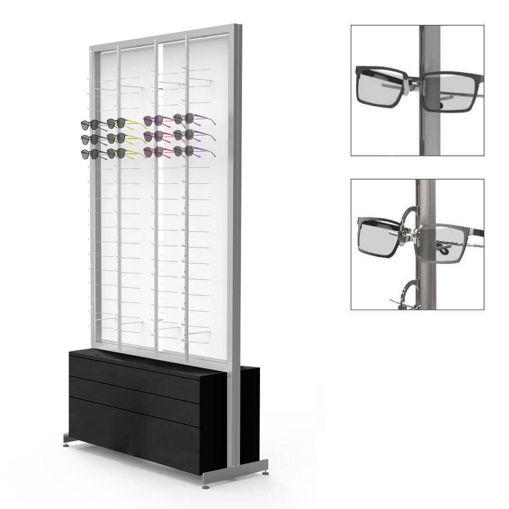 FS display, 2 rotating plates, 8 rods (144), 3 drawers (50 frames+50 cases), 1032x1980x400 mm