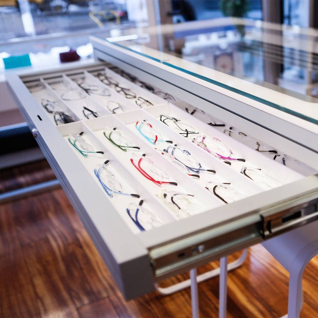 Showcase table with drawer(s), white acrylic