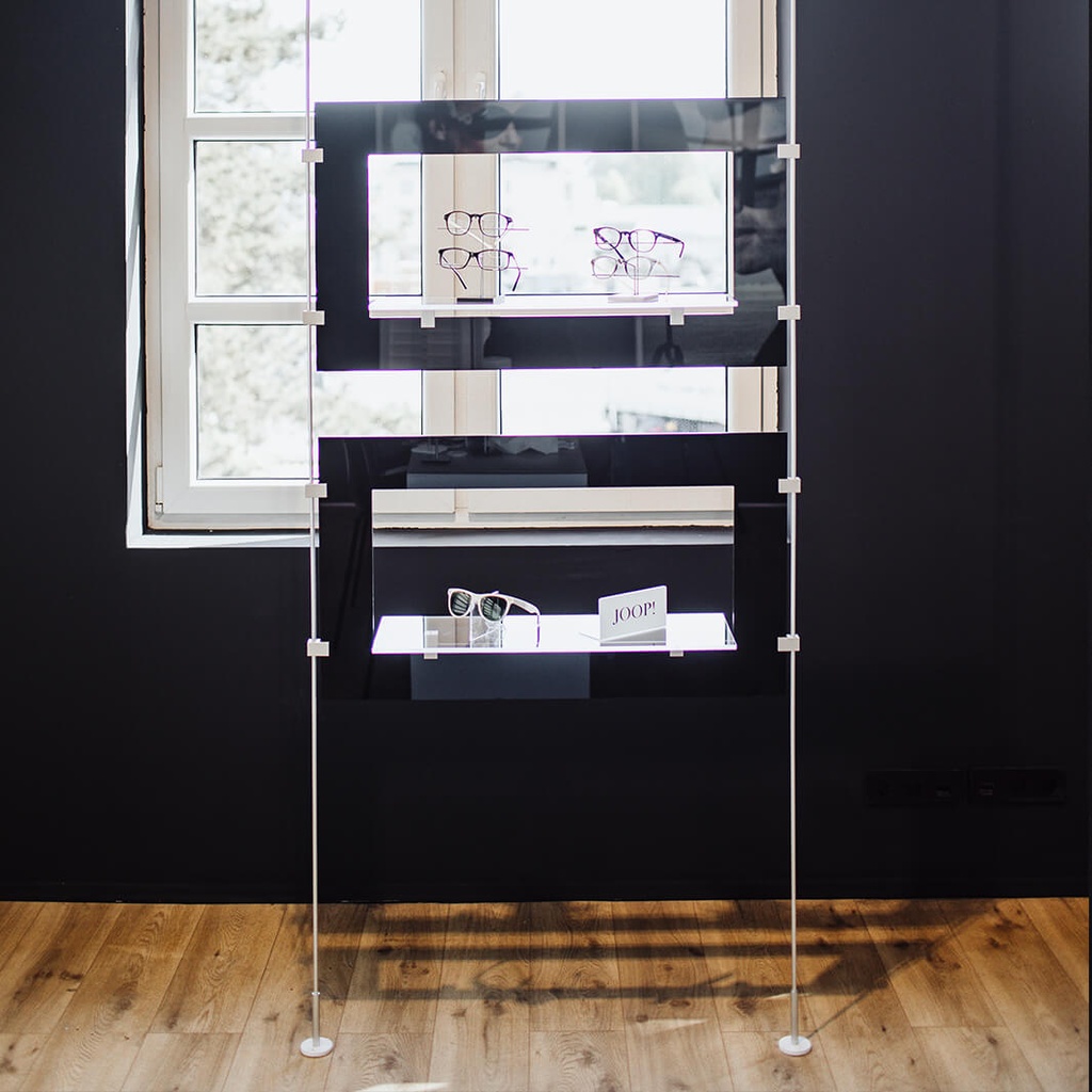 Sky Line display, 2 plates with transparent shelves, acrylic, 900x1600-4500 mm