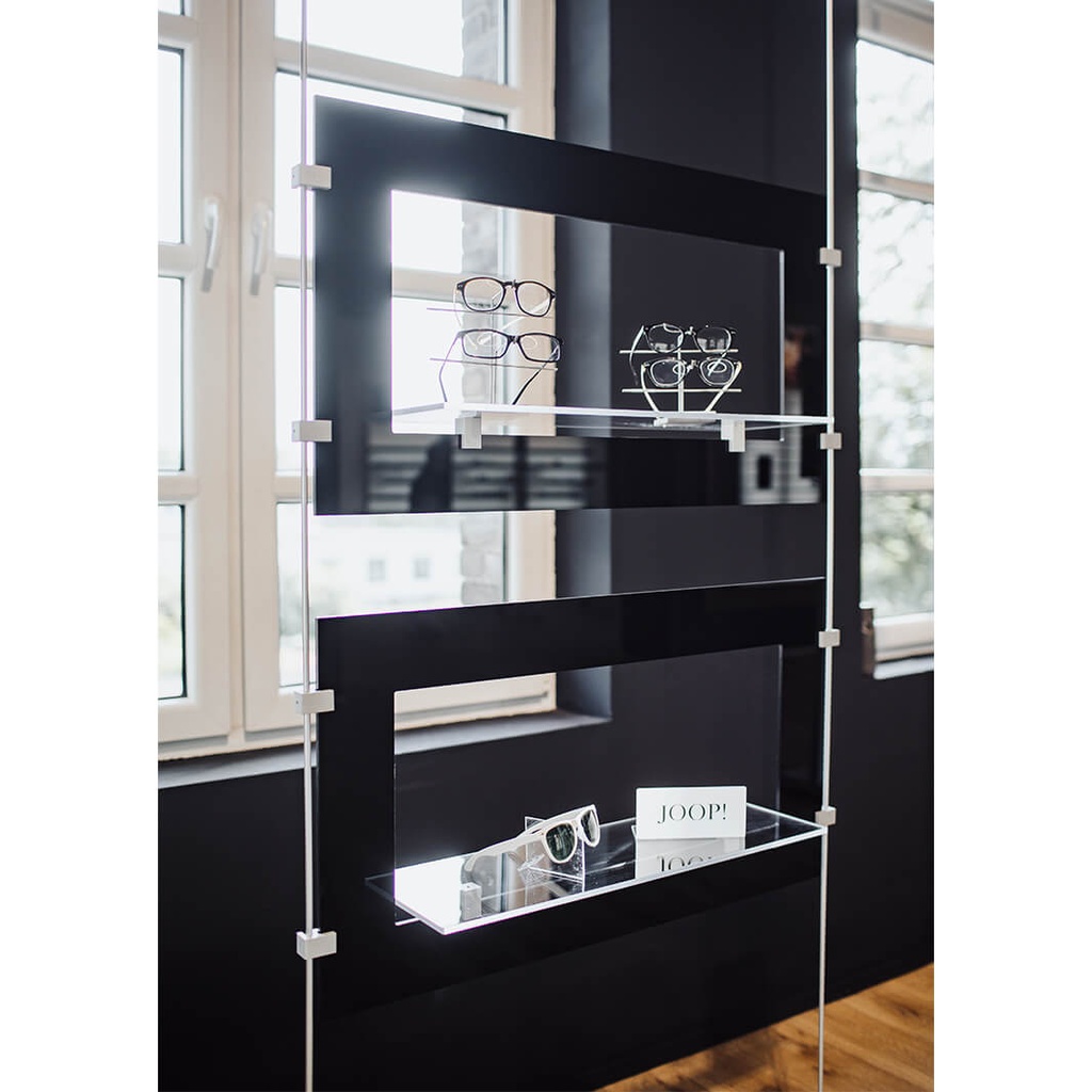 Sky Line display, 2 plates with transparent shelves, acrylic, 900x1600-4500 mm