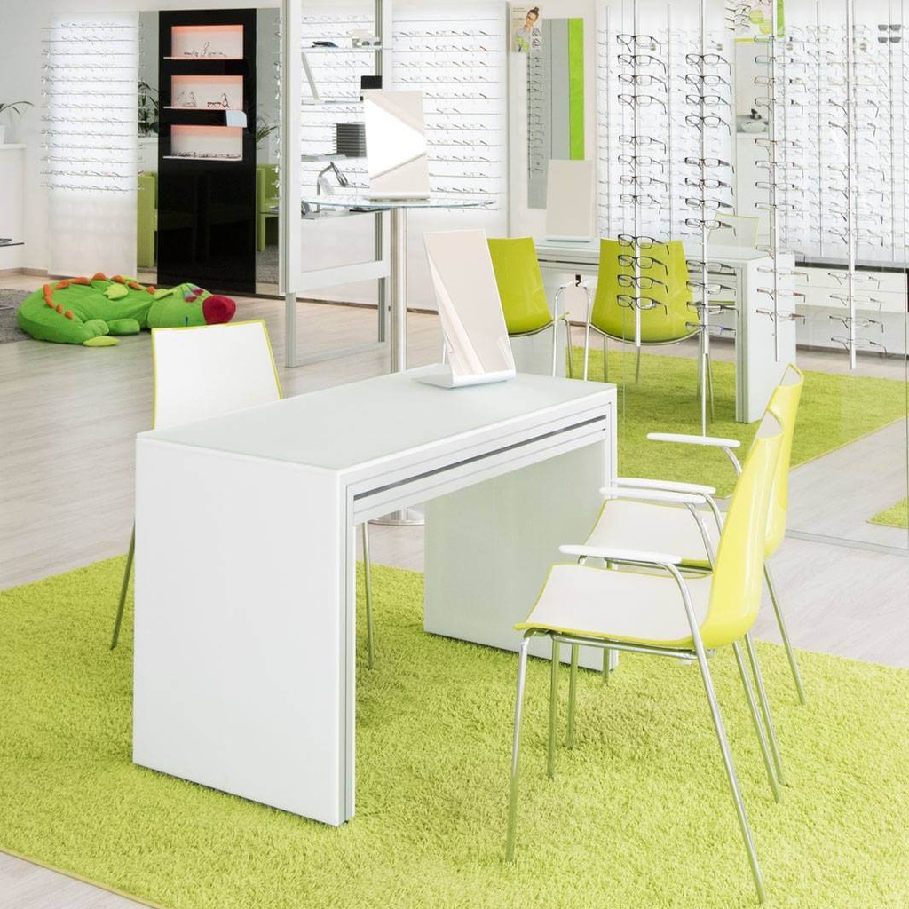 Table with drawer(s), acrylic side plates, satin. glass worktop, 1250x740x550 mm