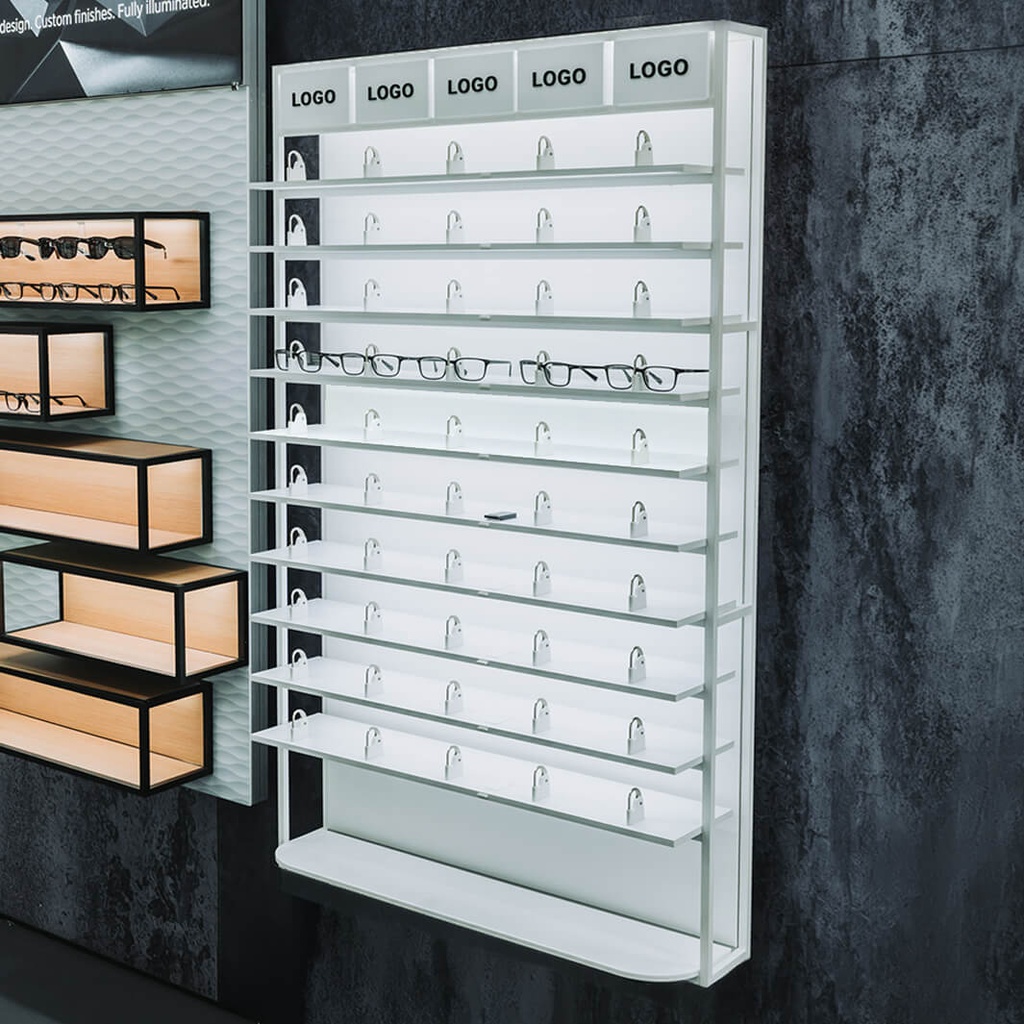 STK Unilock wall display, LED shelves, 5 logo holders incl.. 930x1530x320 mm