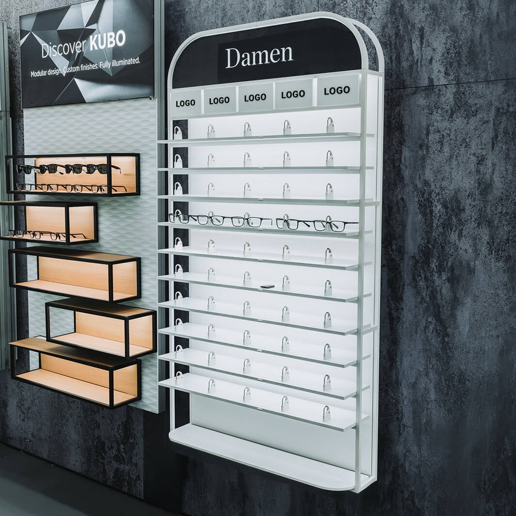 STK Unilock wall display with shelves, top cap, 930x1780x320 mm, LED, 5 logo holders incl.