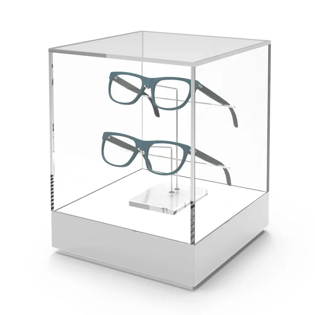 [PDE1.28 white LED / white glossy] Vitrina con pedestal, cuerpo completo con vitrina acrílica (220x280x220 mm, iluminación LED blanca, acrílico blanco brillante)