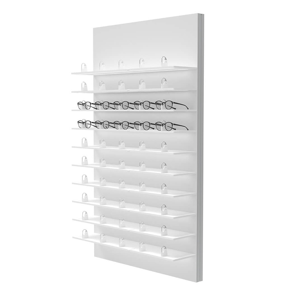 Espositore da parete Unilock, 10 ripiani LED, supporti per montature con chiusura