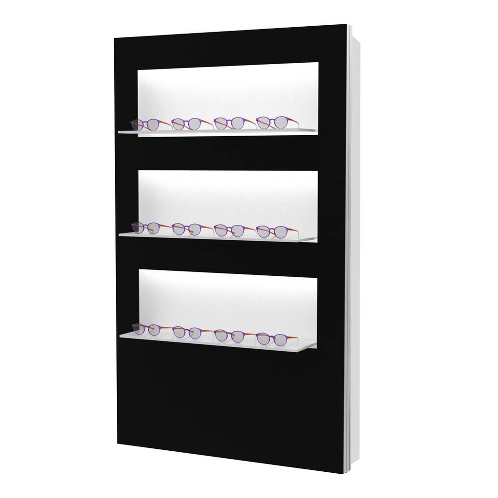 [WS.DE.3.90 black + white LED] Dekora Wandpräsenter, 3 Ablagen (900x1500x280 mm, weiße LED-Beleuchtung, schwarz)
