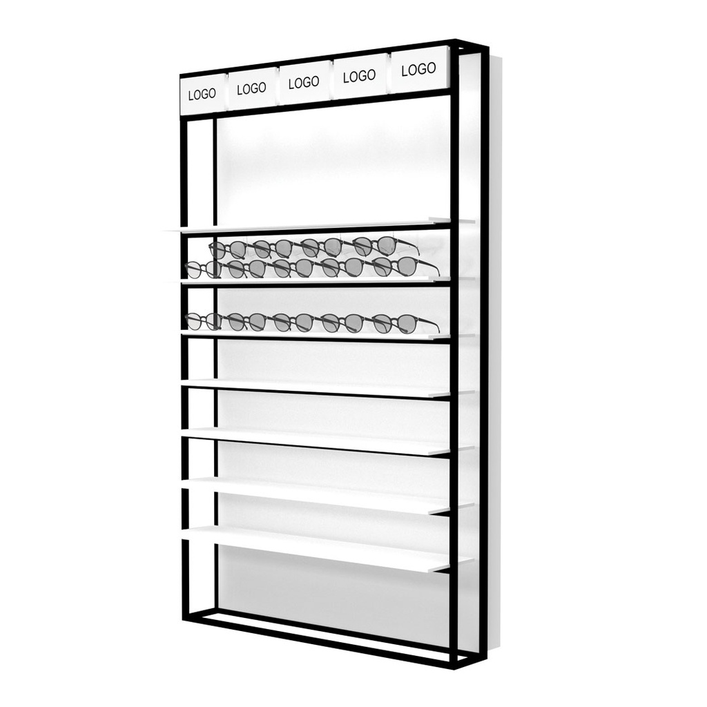 Espositore da parete STK con ripiani LED, 5 supporti per logo inclusi, 930×1530×320 mm