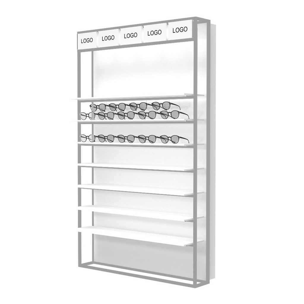 Espositore da parete STK con ripiani LED, 5 supporti per logo inclusi, 930×1530×320 mm