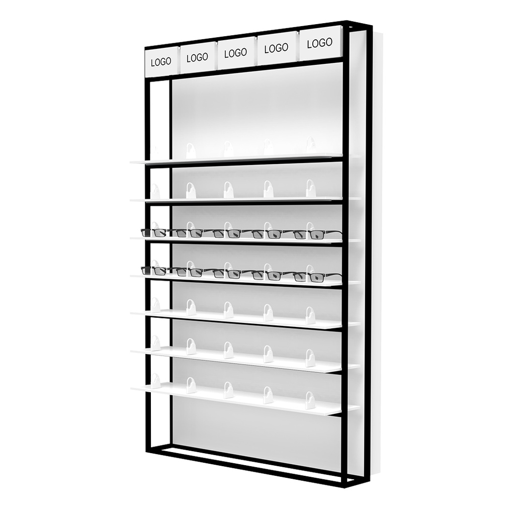 Espositore a parete STK Unilock con ripiani a LED, 5 portaloghi inclusi, 930x1530x320 mm