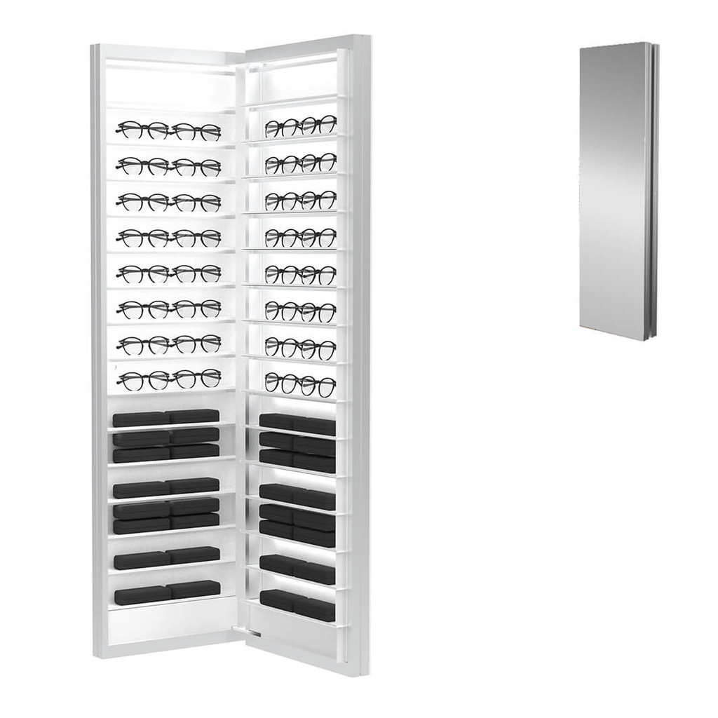 [M.D.L / D2E.WM.O.45.LO LED] Dual mirror, 30 shelves, 450x1050x180 mm, 60 frames/cases (left door opening, white LED lighting)