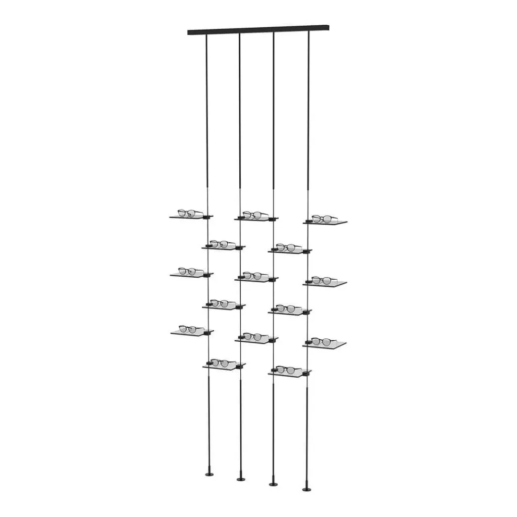 [SW.SKS1 / SKS.1 black rods, transparent shelves] Espositore Sky Line Solo, 4 aste con 15 ripiani laterali, 1000x1600-4000 mm (asta(e) nera(e), 15 ripiani in acrilico trasparente)
