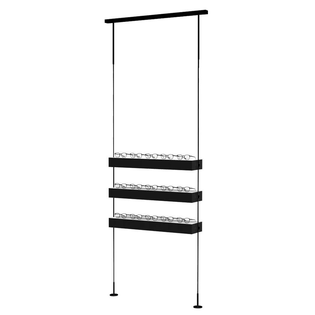 [SW.SK9 / SK.9.B black rods, black shelves] Sky Line Quadro Präsenter, 3 LED-Ablagen, 900x1600-4500 mm (schwarze Stange(n), schwarz)
