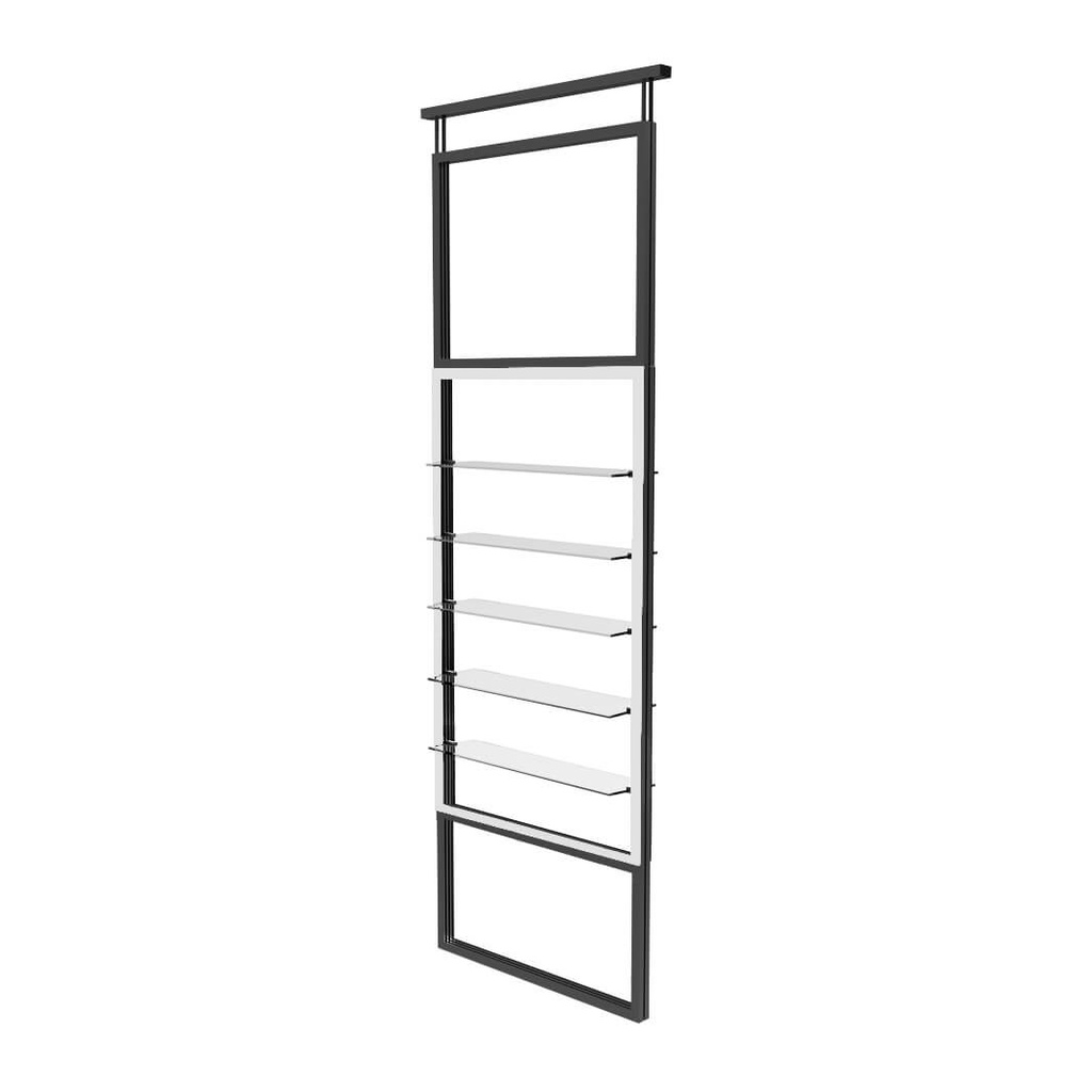 [SW.TE6 / TSF.S5 black, white deco profile] Espositore Telescope, 5 ripiani in vetro, 900x1600-4500 mm (struttura nera, bianco)