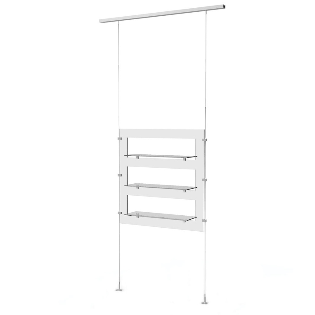 Sky Line display, plate with 3 transparent shelves, acrylic, 900x1600-4500 mm