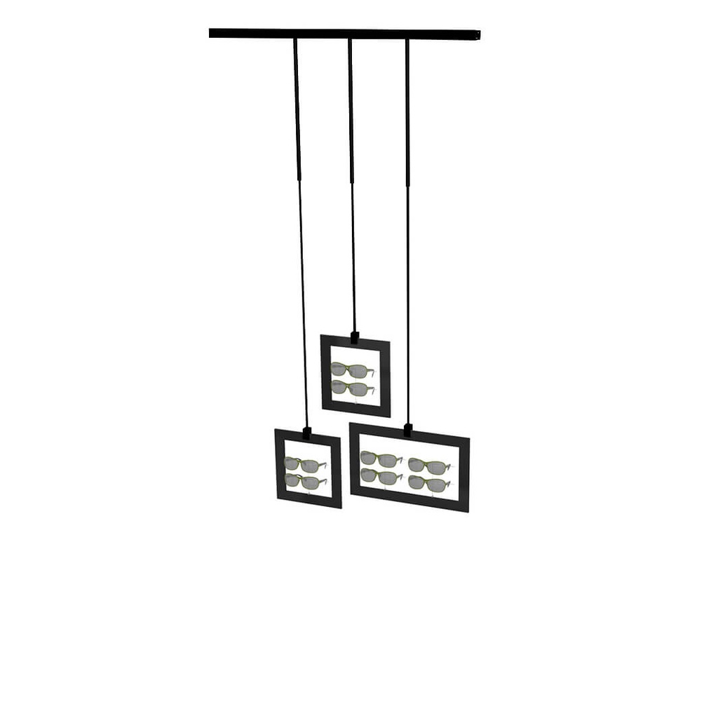 [SW.SKS3.A / SKS.3.B black rods, black frames] Espositore Sky Line Solo, 3 cornici decorative con 8 portaocchiali, 1000x1600-4500 mm (struttura nera, nero)