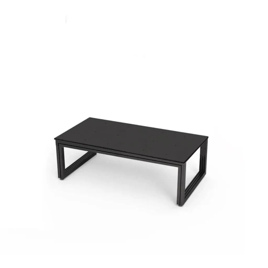 [TD.100.30 / TD.A.100.30 black, black glossy top] Tavolo da vetrina, struttura in alluminio, piano superiore in acrilico con fori (1000x300x550 mm, struttura nera, acrilico nero lucido)