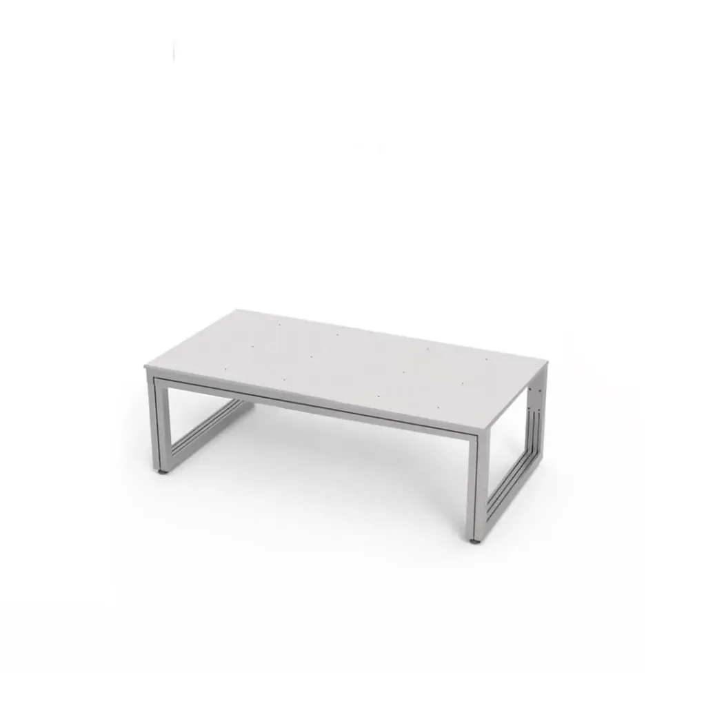 [TD.100.30 / TD.A.100.30 aluminium, white glossy top] Shop window table, aluminium construction, acrylic top plate with holes (1000x300x550 mm, aluminium construction, acrylic white glossy)
