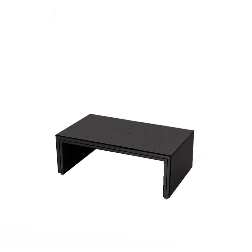 [TD.F.A.100.30 / TD.F.100.30 black, black plate] Tavolo da vetrina, struttura in alluminio, piano superiore in acrilico con fori (1000x300x550 mm, struttura nera, acrilico nero lucido)