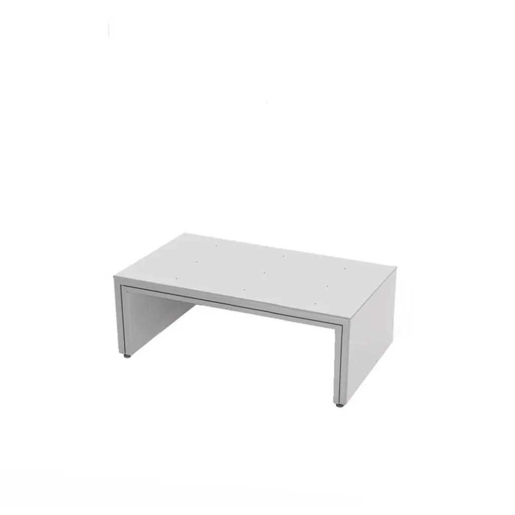 Shop window table, aluminium construction with side plates, acrylic top plate with holes
