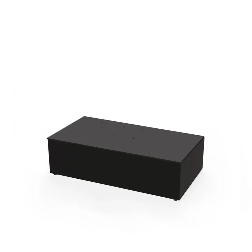 [TD.CO.A.100.30 / TD.CO.100.30 black] Tavolo da vetrina, struttura in alluminio rivestita con 4 pannelli in acrilico, piano superiore in acrilico con fori (1000x300x550 mm, acrilico nero lucido)