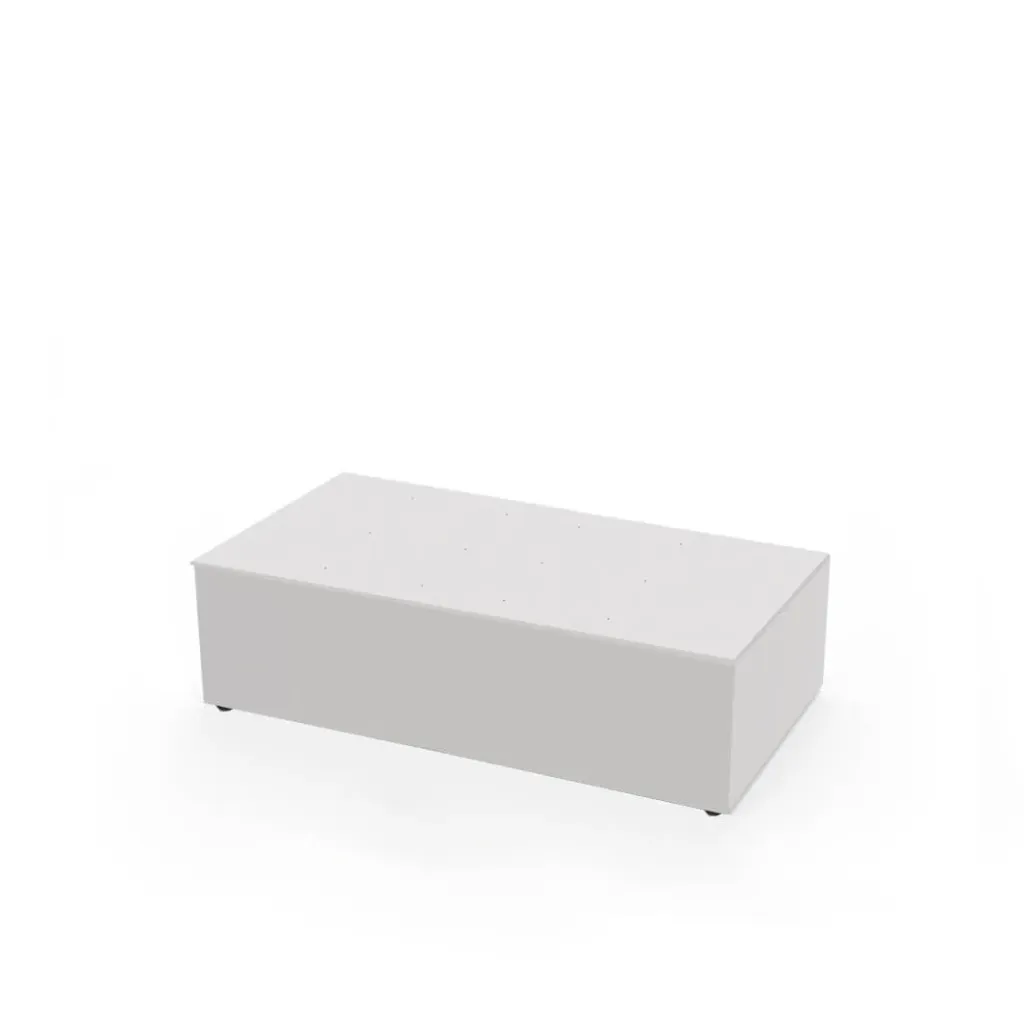 [TD.CO.A.100.30 / TD.CO.100.30 white] Schaufenster-Tisch, Aluminiumkonstruktion mit 4 Acrylplatten verkleidet, Acryl-Ablageplatte mit Löchern (1000x300x550 mm, Acryl – Weiß glänzend)