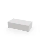 Mesa para escaparate, estructura de aluminio cubierta con 4 placas acrílicas, placa superior acrílica con agujeros