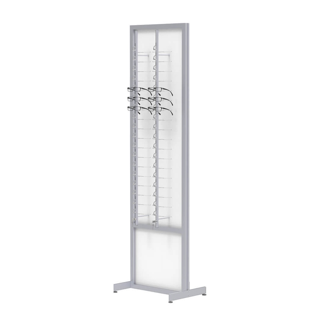 [F.S.RR2.L / FF.2.L] FS Präsenter, feste 1-seitige Platte mit abschließbaren Stangen (476x1980x400 mm, 2 Stangen, 36 Brillen, Aluminiumkonstruktion)