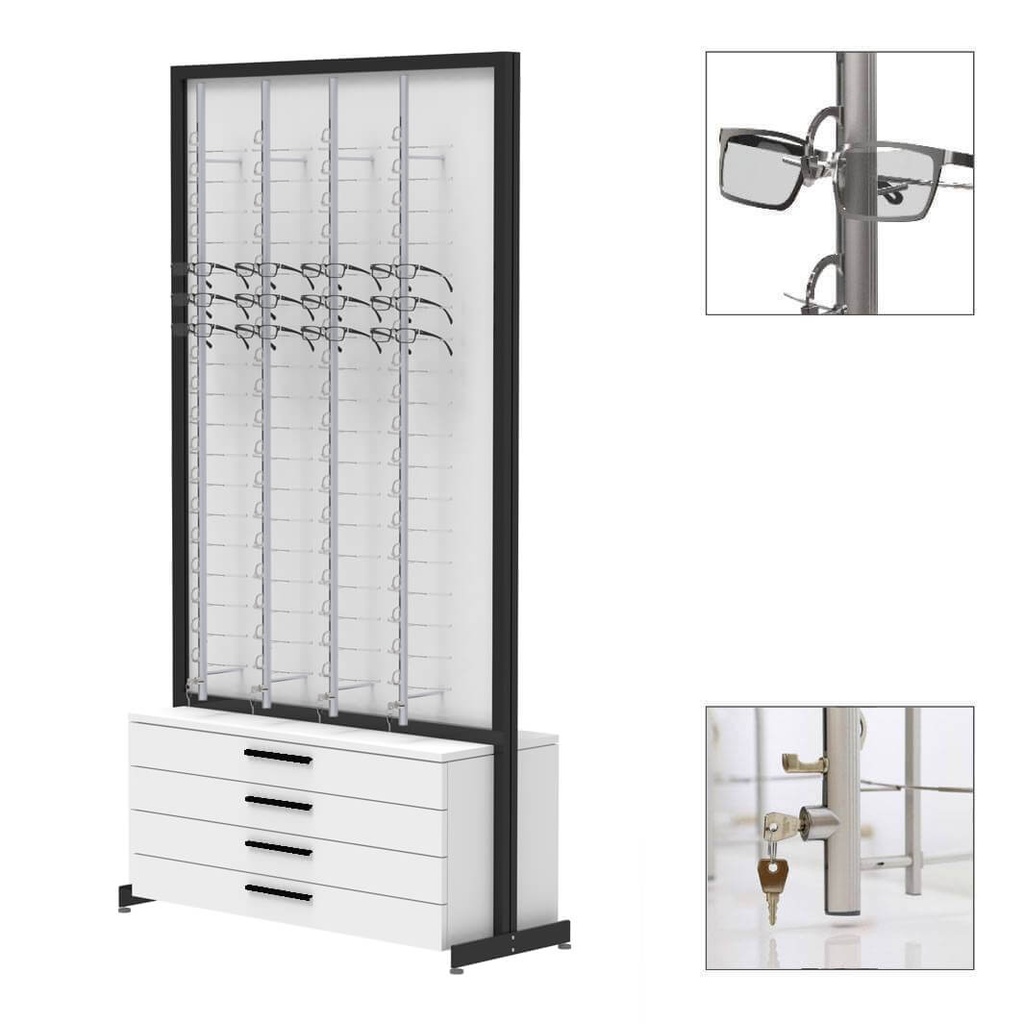 Espositore FS, lastra fissa con 8 aste (144), 4 cassetti con maniglie (80), 1032x1980x400 mm