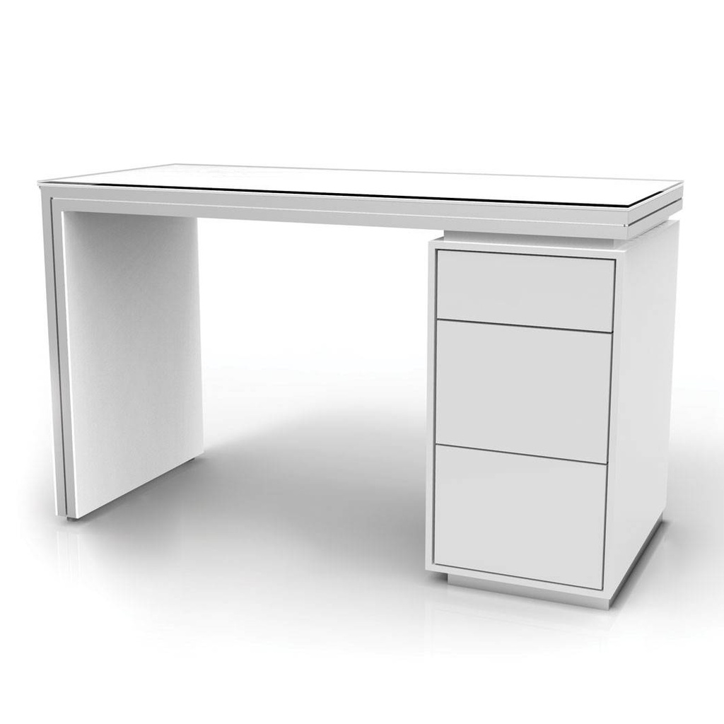 Table avec meuble latéral, décor blanc, plan de travail en verre satiné, 1400x740x550 mm