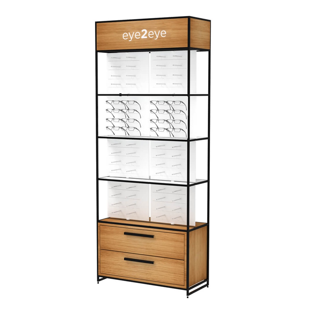 STK FS Präsenter, oberer Box, 128 MP Pins (128), Schrank, 930x2270x400 mm (ohne Verriegelung, weiße LED-Beleuchtung, schwarze Konstruktion, 2 tiefe Schubladen, obere LED Abdeckung mit Logo)