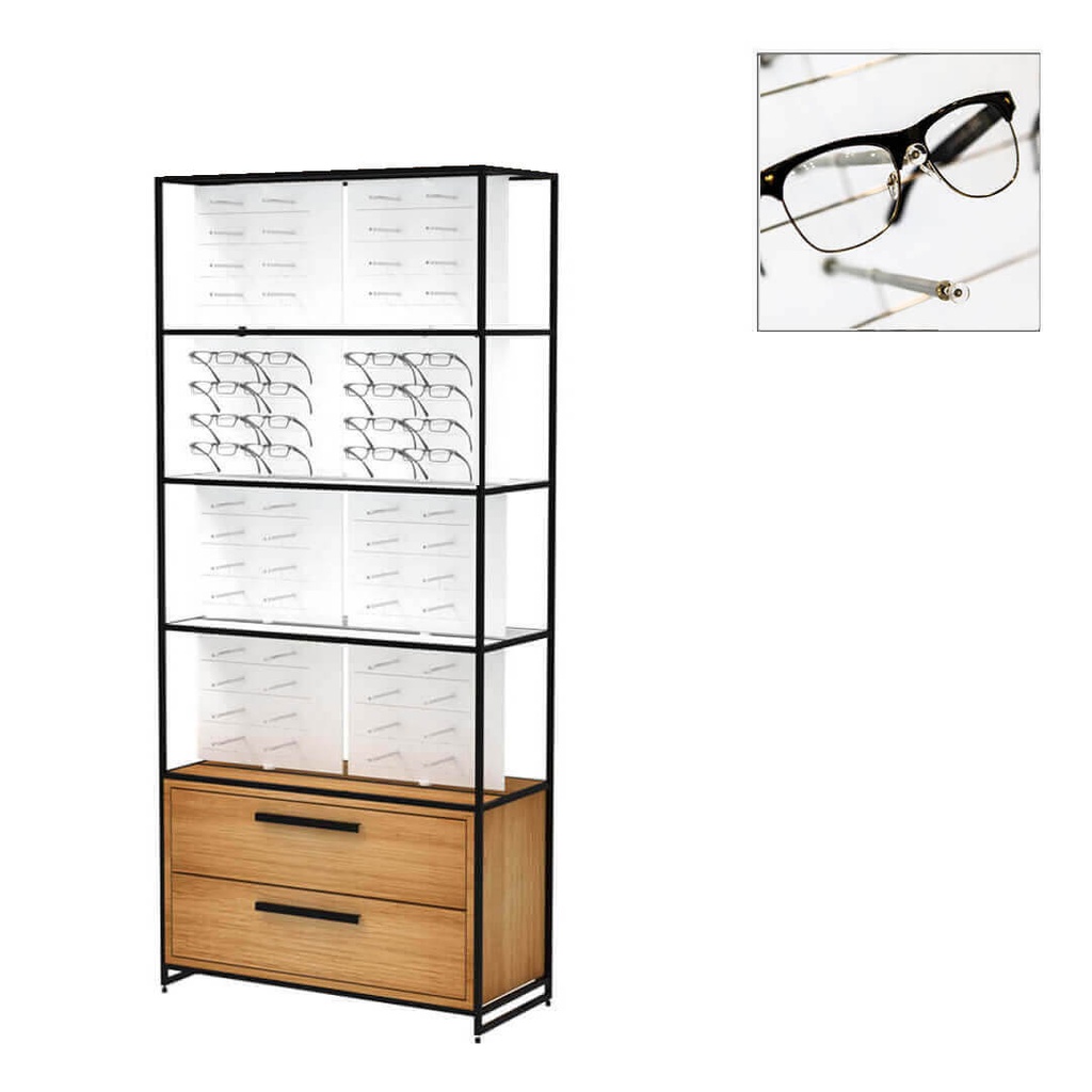 Présentoir STK FS, 128 broches MP (128), meuble, 930x2035x400 mm (sans verrouillage, éclairage LED blanc, construction noire, 2 tiroirs profonds)