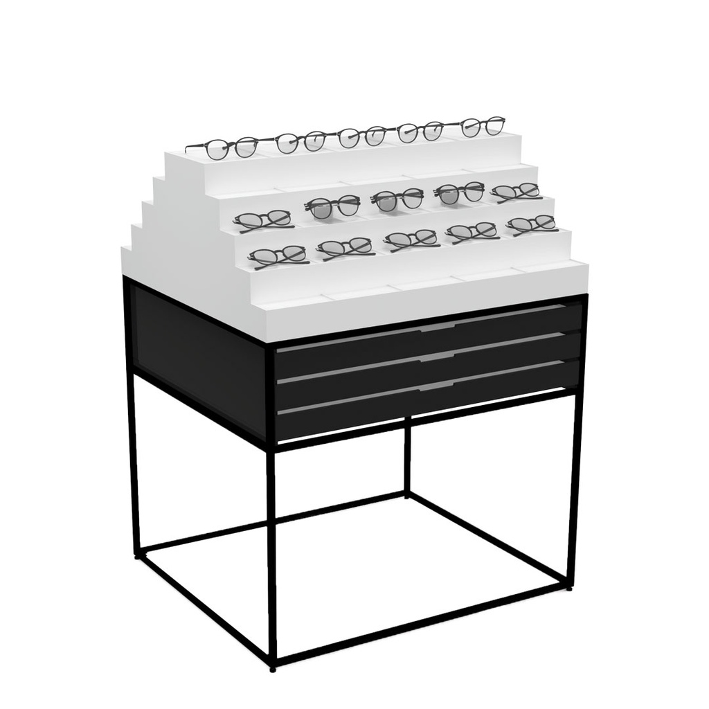 STK Gondola Insel-Display, 6 Schubladen (150), oben mit 9 Ablagen (50), 900x1150x785 mm