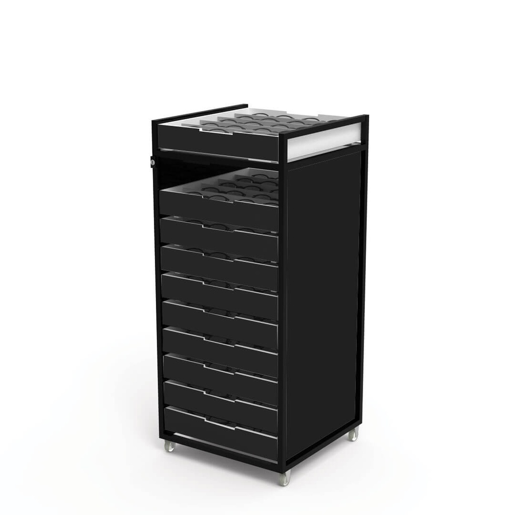 STK Rollcontainer, 10 Acryltabletten (120), 405x905x405 mm (schwarze Konstruktion, schwarze Schubladen, Schwarze Seitenplatten)