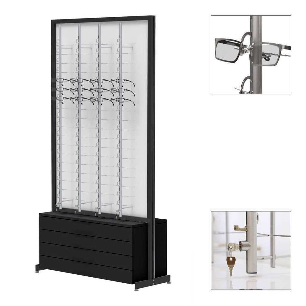 Expositor FS, placa fija con 8 barras (144), 4 cajones con tiradores (80), 1032x1980x400 mm