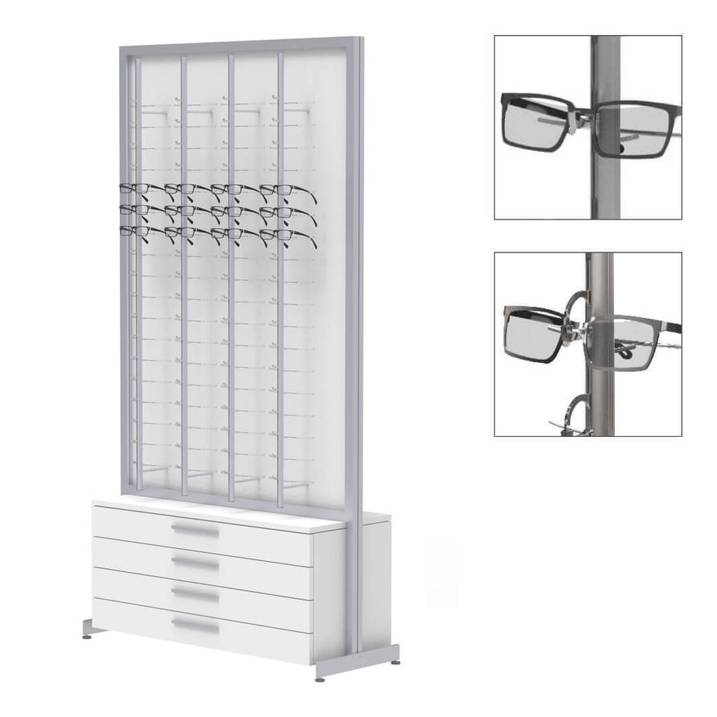 Expositor FS, placa fija con 8 barras (144), 4 cajones con tiradores (80), 1032x1980x400 mm