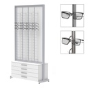 Espositore FS, lastra fissa con 8 aste (144), 4 cassetti con maniglie (80), 1032x1980x400 mm