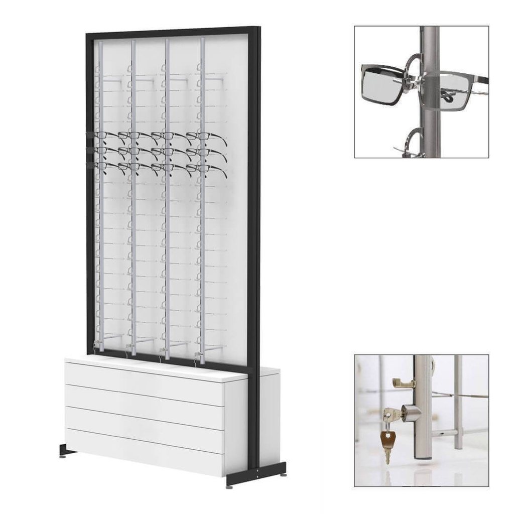 Espositore FS, lastra fissa con 8 aste (144), 4 cassetti (80), 1032x1980x400 mm