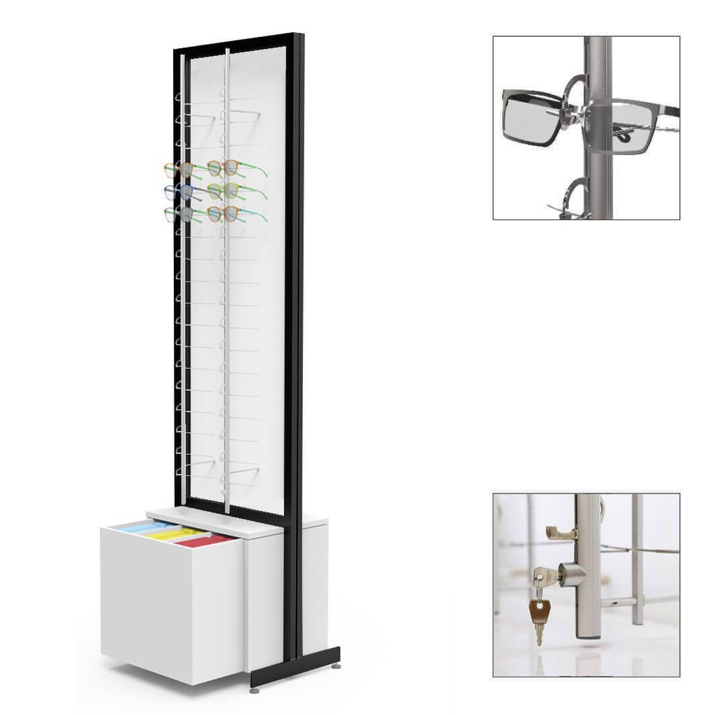 FS Präsenter, 1 große Schublade für Etuis (120), feste Platte mit 4 Stangen (72), 552x1980x400 mm