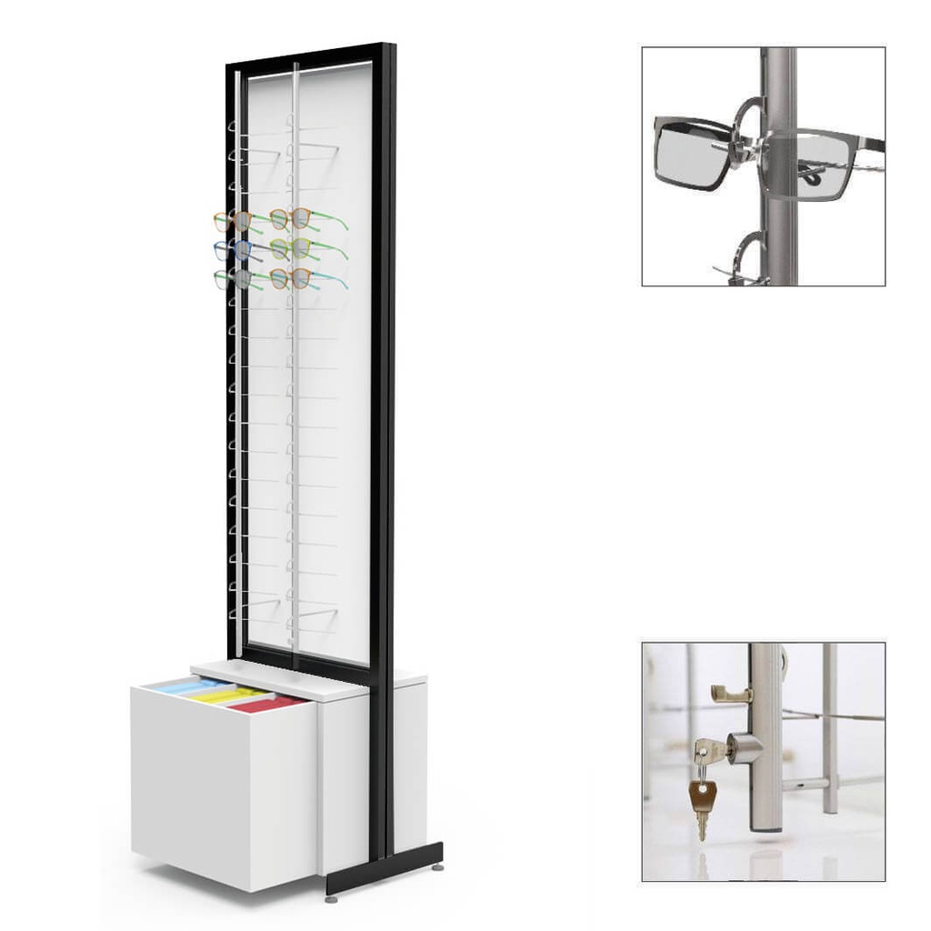 Espositore FS, lastra rotante con 4 aste (72), 1 cassetto per astucci (120), 552x1980x400 mm