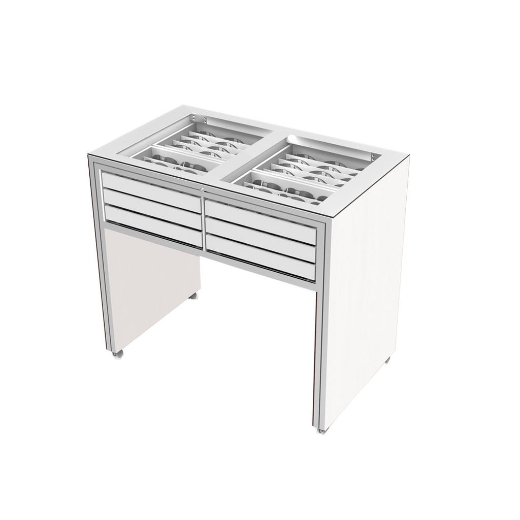 Tavolo espositivo con vassoi(o), acrilico bianco (1124x1000x668 mm, 12 vassoi, 180 montature, senza serratura, illuminazione a LED bianca, struttura in alluminio, altro, vassoi neri)