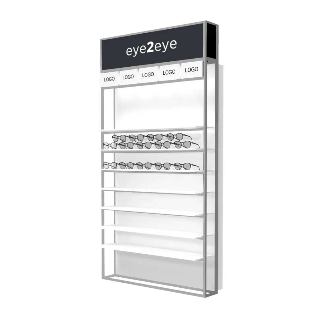 STK wall display with top cap, LED shelves, 5 logo holders incl., 930x1780x320 mm