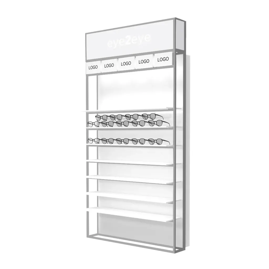 Espositore STK, ripiani a LED, parte superiore, 5 supporti per logo inclusi, 930x1765x320 mm