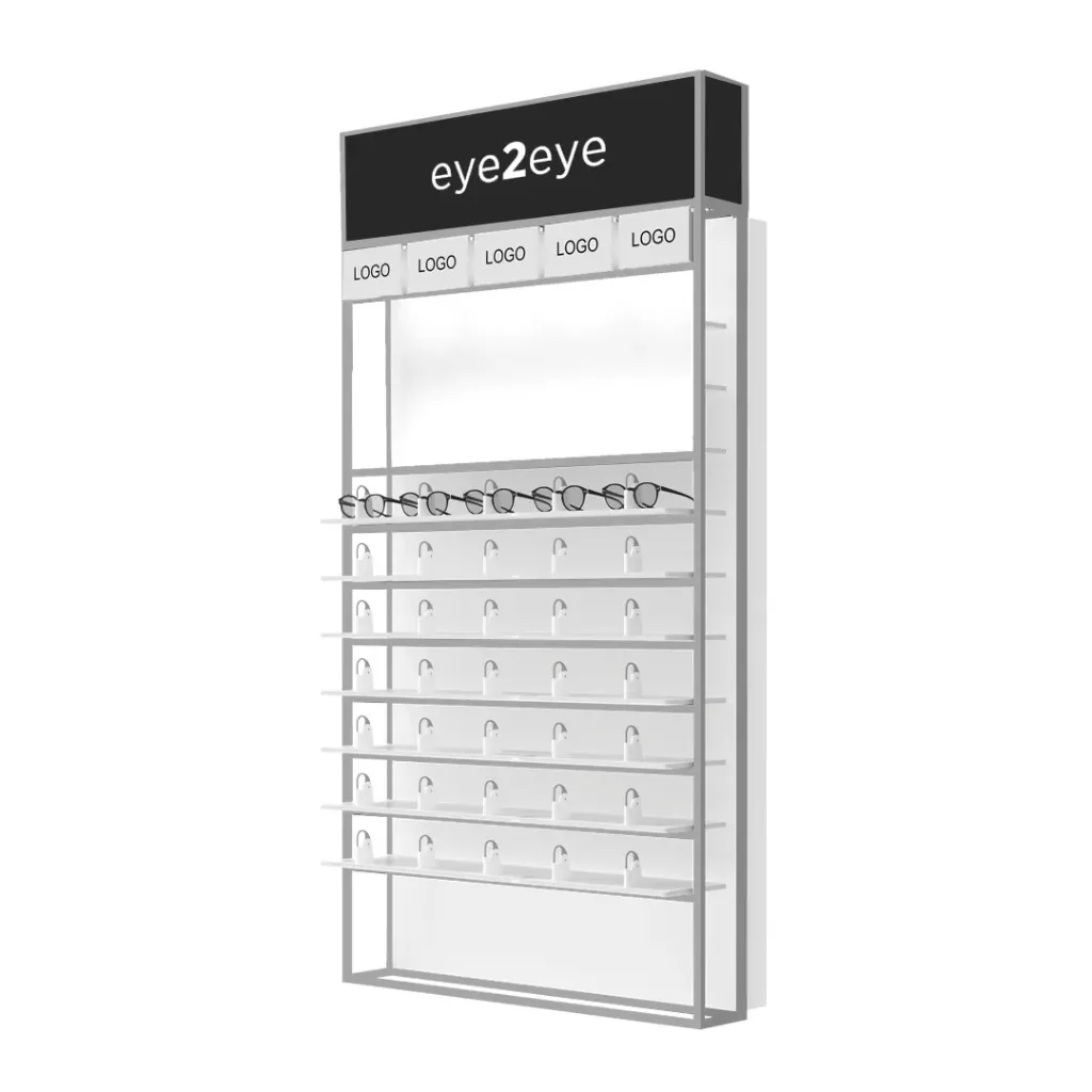 [STK.UL.S.7 top LED cap, aluminium, custom cap] Presentoir STK Unilock, étagères LED, capuchon, 5 supports logo, 930x1780x320 mm (7 étagères / 35 lunettes, construction en aluminium, partie supérieure LED avec logo, autre)