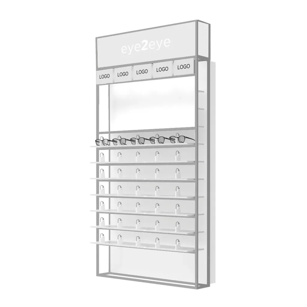 [STK.UL.S.7 top LED cap, aluminium, white cap] STK UniLock zidni prezenter, LED police, deko kapa, 5 držača logotipa, 930x1780x320 mm (7 polica, 35 pari naočala, aluminijska konstrukcija, LED kapa sa logom, bijela kapa)