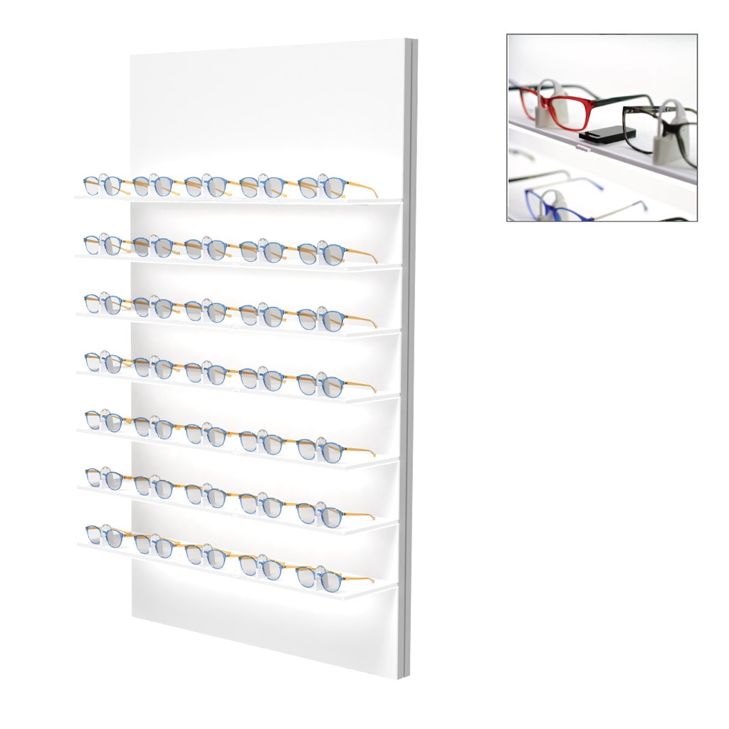 Espositore da parete Unilock, 7 ripiani LED, supporti per montature con chiusura