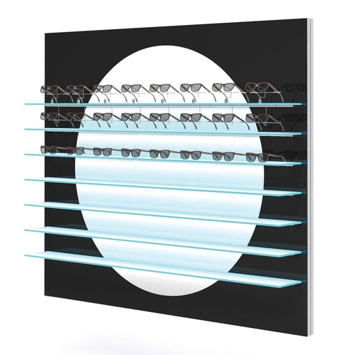 Espositore a parete Aura R, cerchio bianco, 7 ripiani LED, magnetico, 1800x1500x280 mm