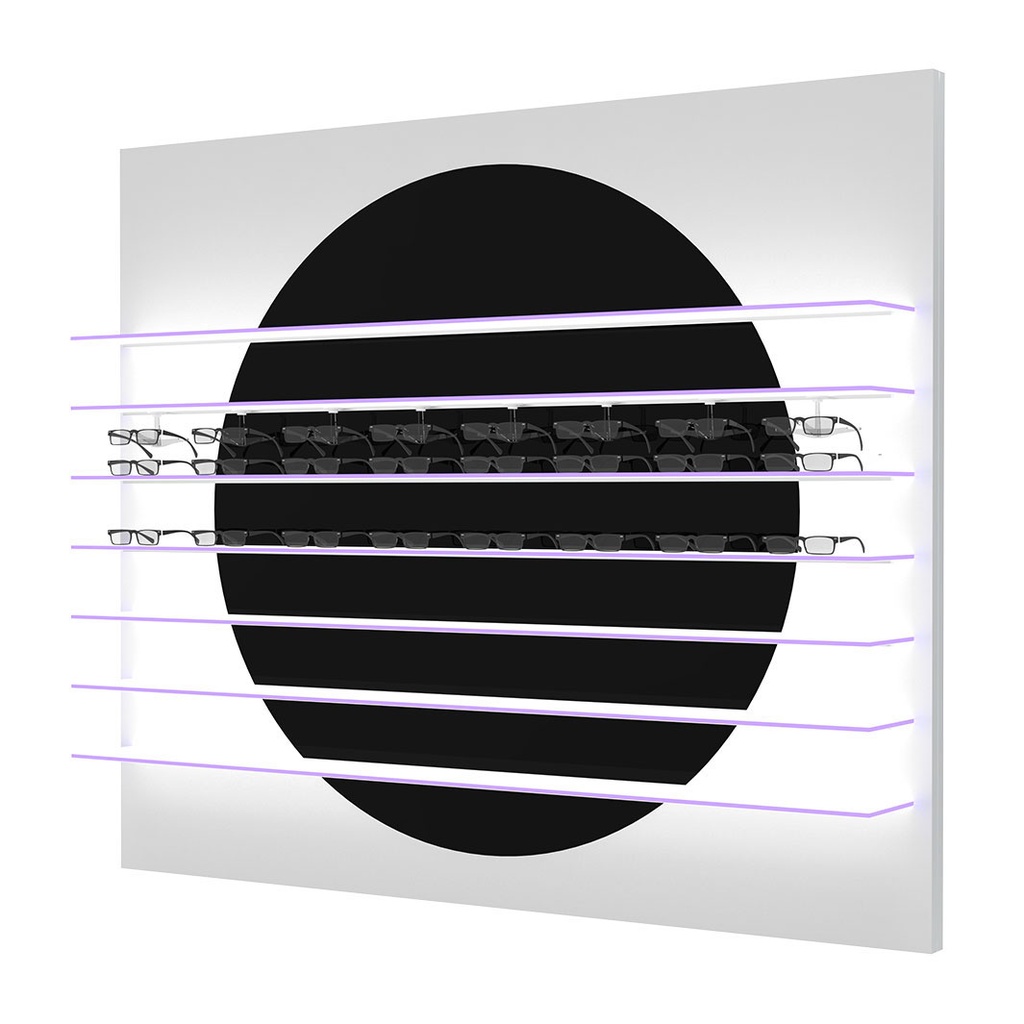 Aura R Wandpräsenter, schwarzer Kreis, 7 LED Ablagen, magnetisch, 1800x1500x280 mm
