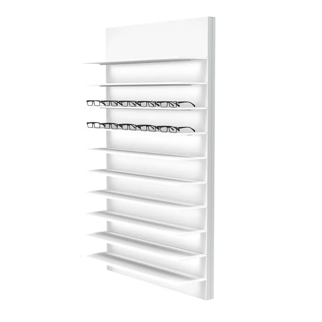 Expositor de pared Vivida, 10 estantes LED, acrílico, iluminación de borde