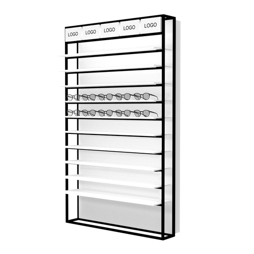 STK wall display with LED shelves, 5 logo holders incl., 930x1530x320 mm